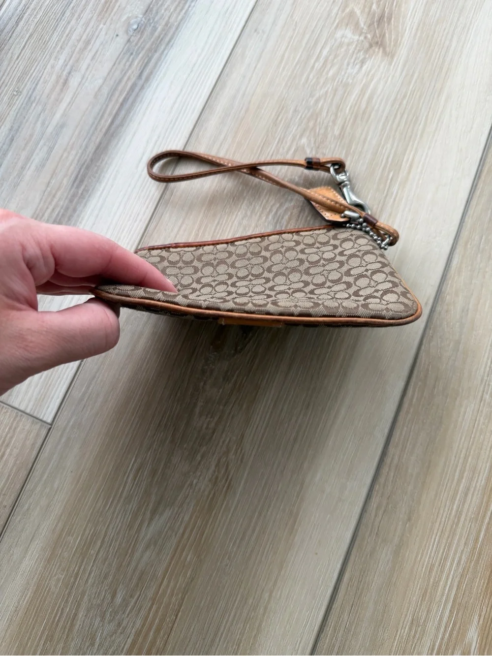 Coach Vintage Brown Signature Canvas Wristlet with Leather Trim